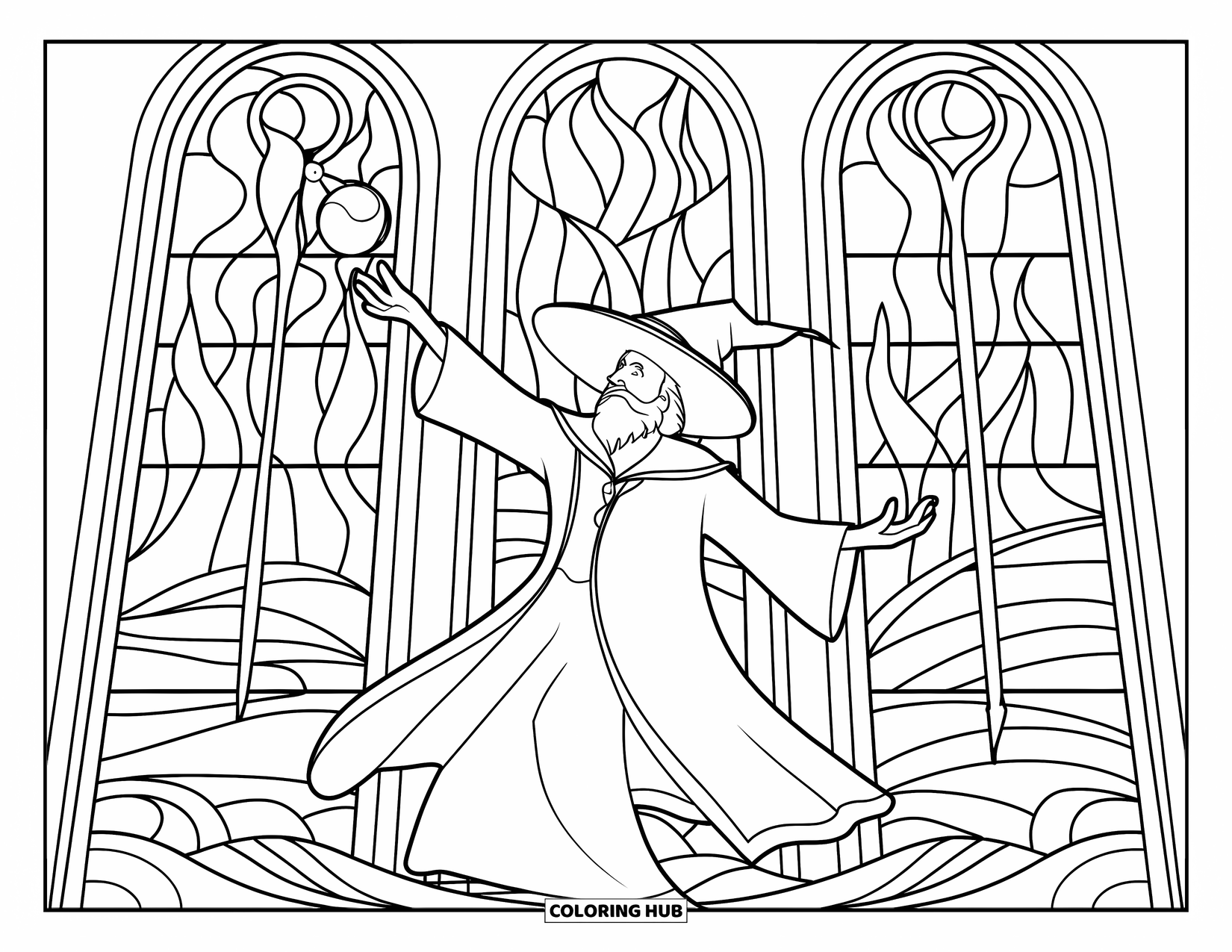 Wizard Coloring Page for Adults: A wizard casts a spell upward with stained glass flames and waves behind him