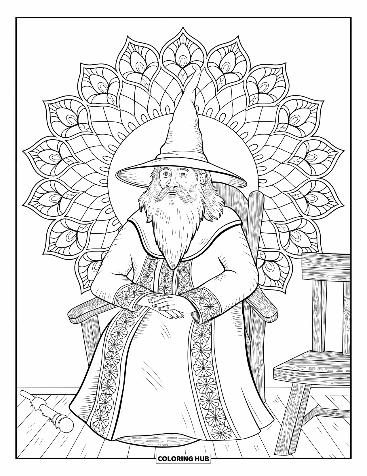 Wizard Coloring Page for Adults: A wizard in a cozy room sits with a staff, framed by floral mandala patterns