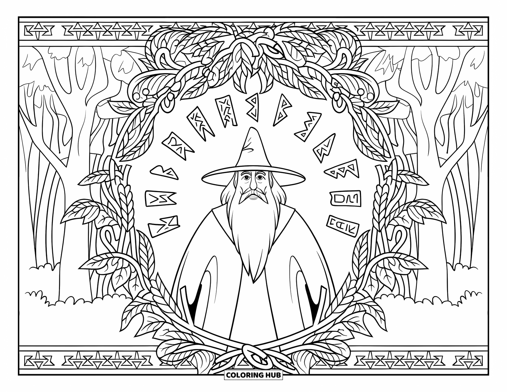 Wizard Coloring Page for Adults: A wizard stands among runes and vines in a forest with decorative borders
