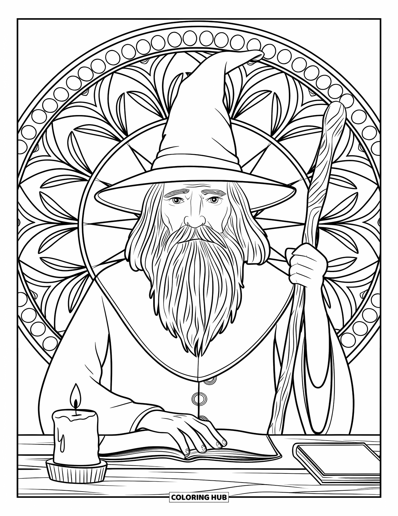 Wizard Coloring Page for Adults: A wizard with a beard and staff sits in a room with a candle and book