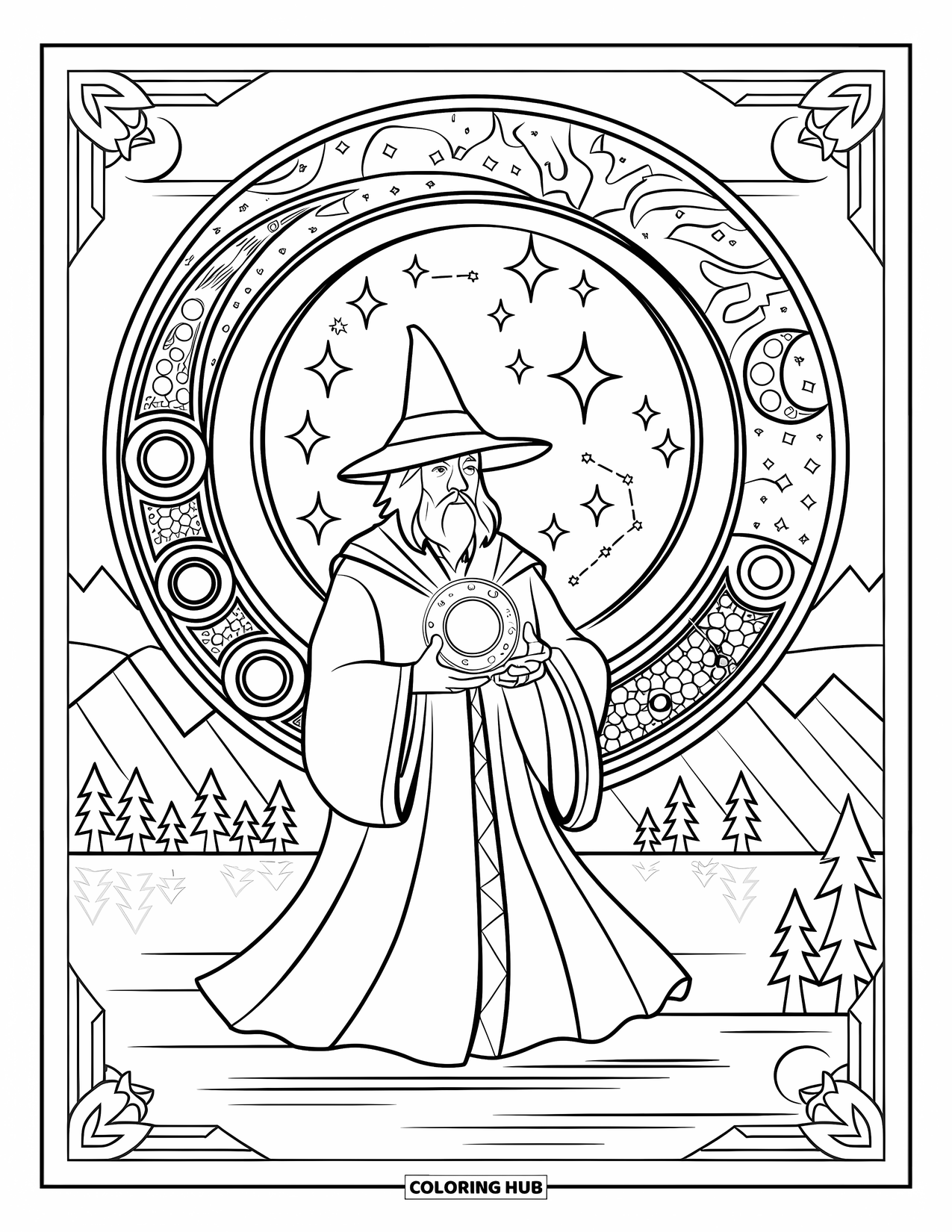 Wizard Coloring Page for Adults: A wizard with a crystal orb is framed by stained glass stars and moon