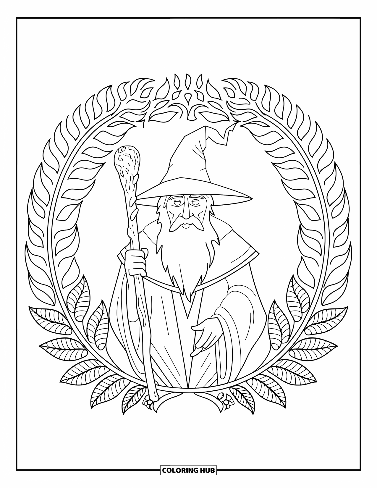 Wizard Coloring Page for Adults: A wizard with a staff stands inside a frame of balanced leafy patterns