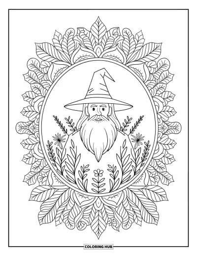 Fargeleggingsark med trollmann for voksne: Et portrett av en trollmann er innrammet av en detaljert mandala med planter og blomster