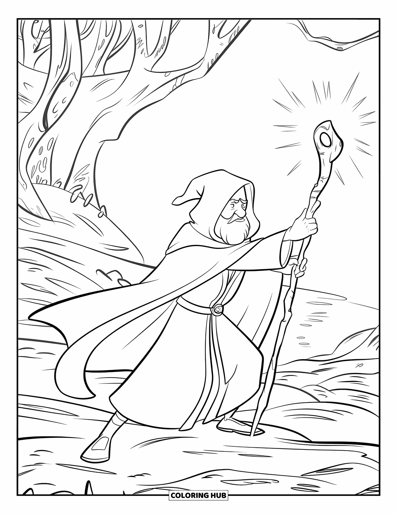 Wizard Coloring Page for Kids: A cloaked wizard summons light from his staff in a dark forest