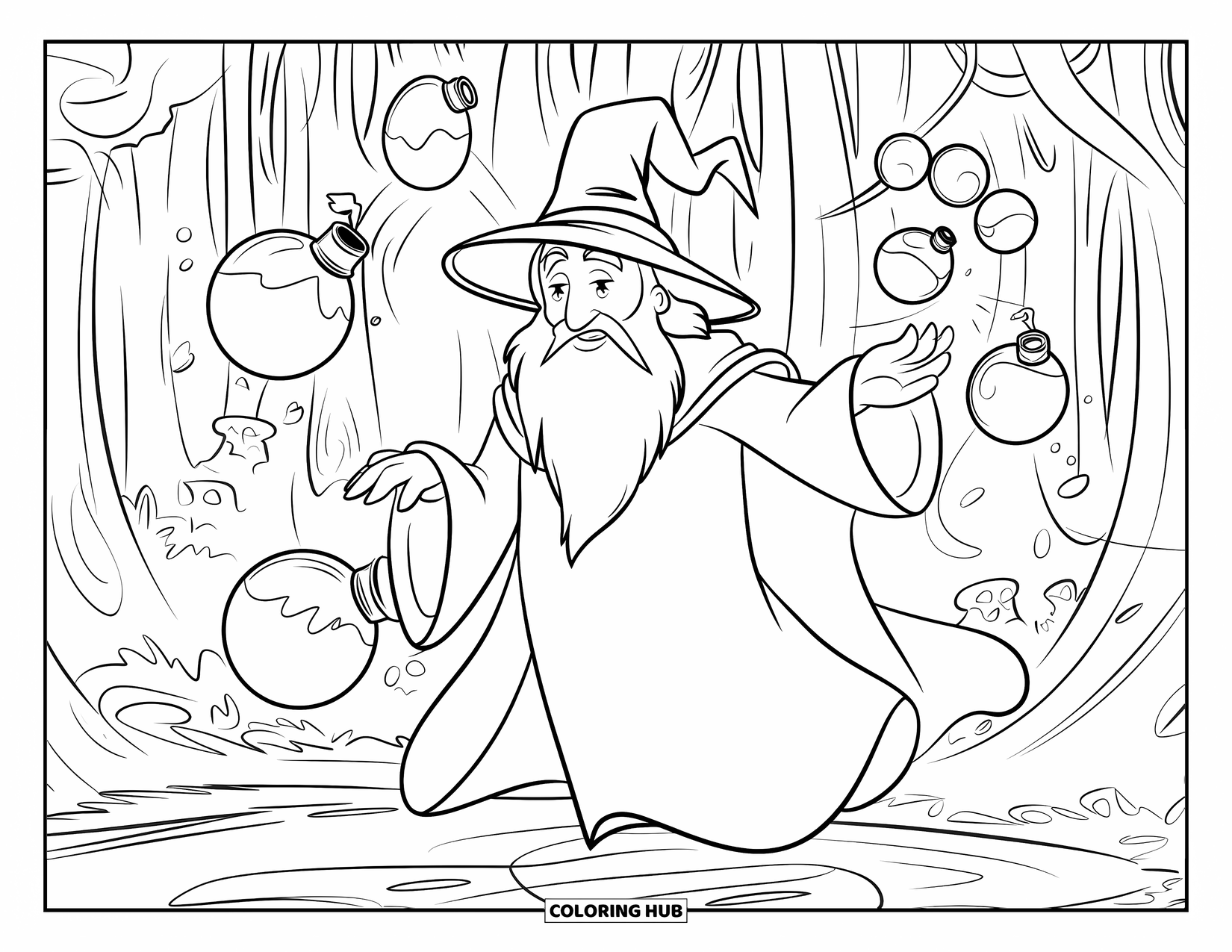 Wizard Coloring Page for Kids: A floating wizard plays with potions wearing hats in a magical forest