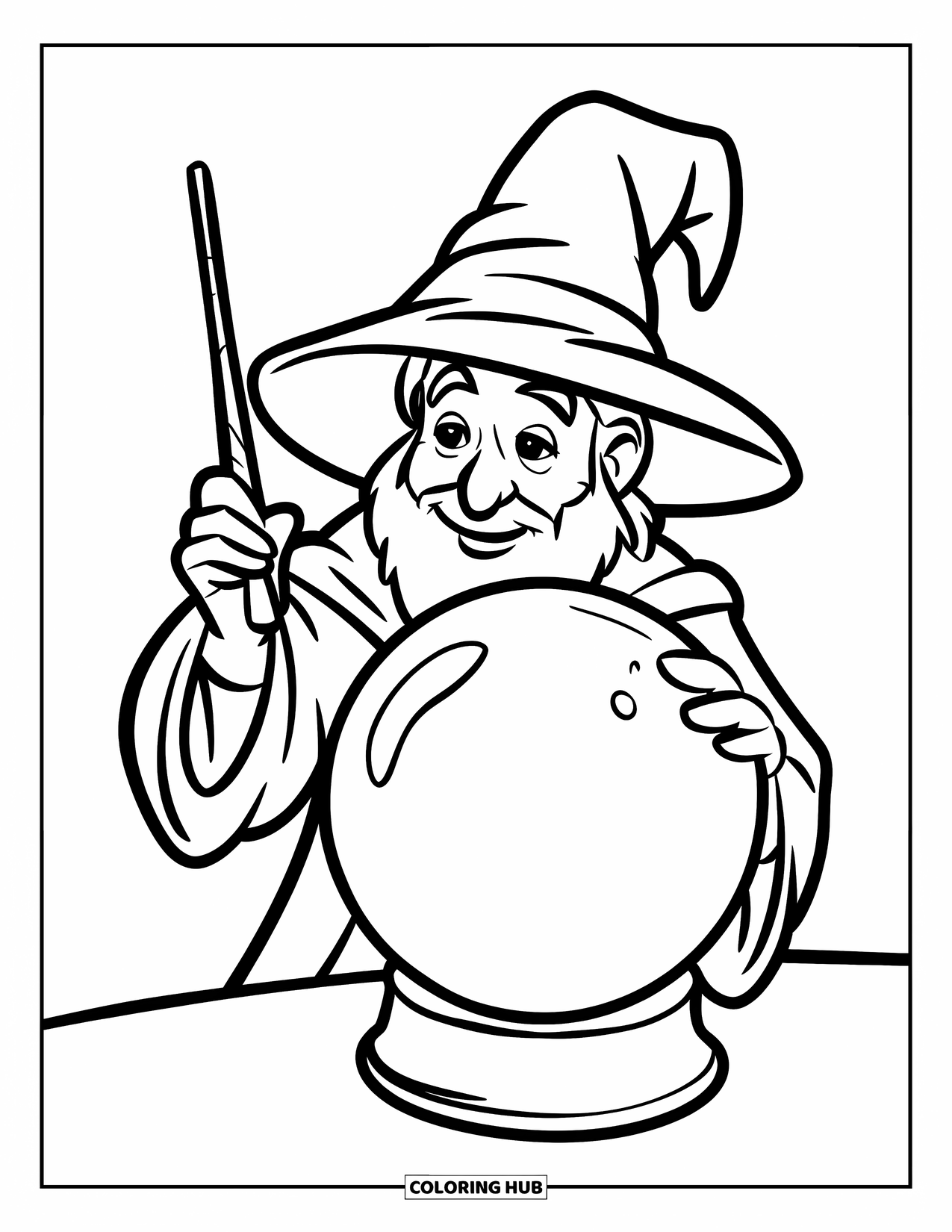 Wizard Coloring Page for Kids: A friendly wizard waves his wand beside a crystal ball on a table