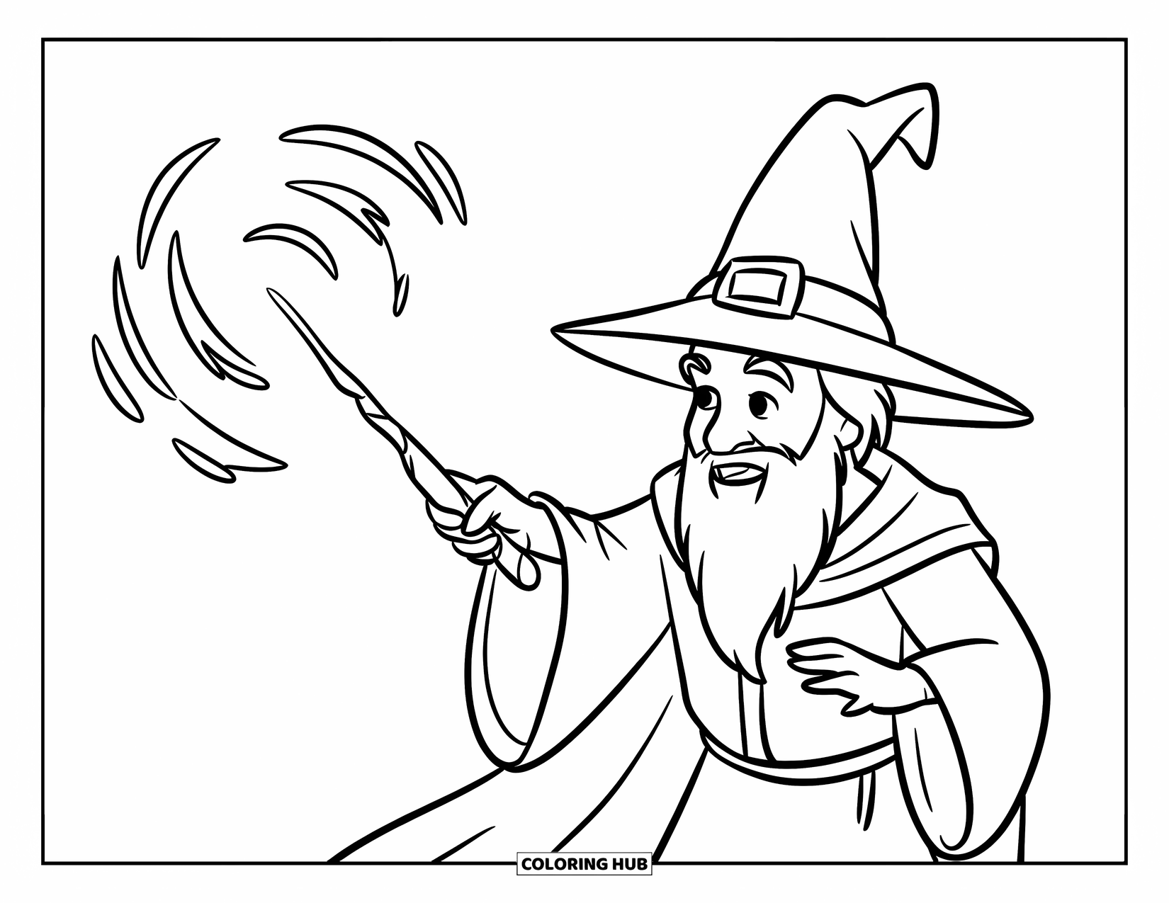 Wizard Coloring Page for Kids: A happy wizard sends out magic swirls from his wand