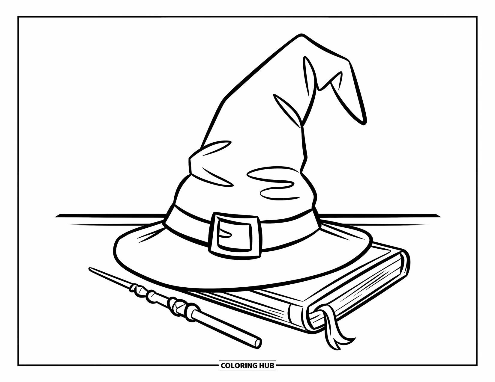 Wizard Coloring Page for Kids: A simple wizard hat rests with a wand and book on a clean white surface