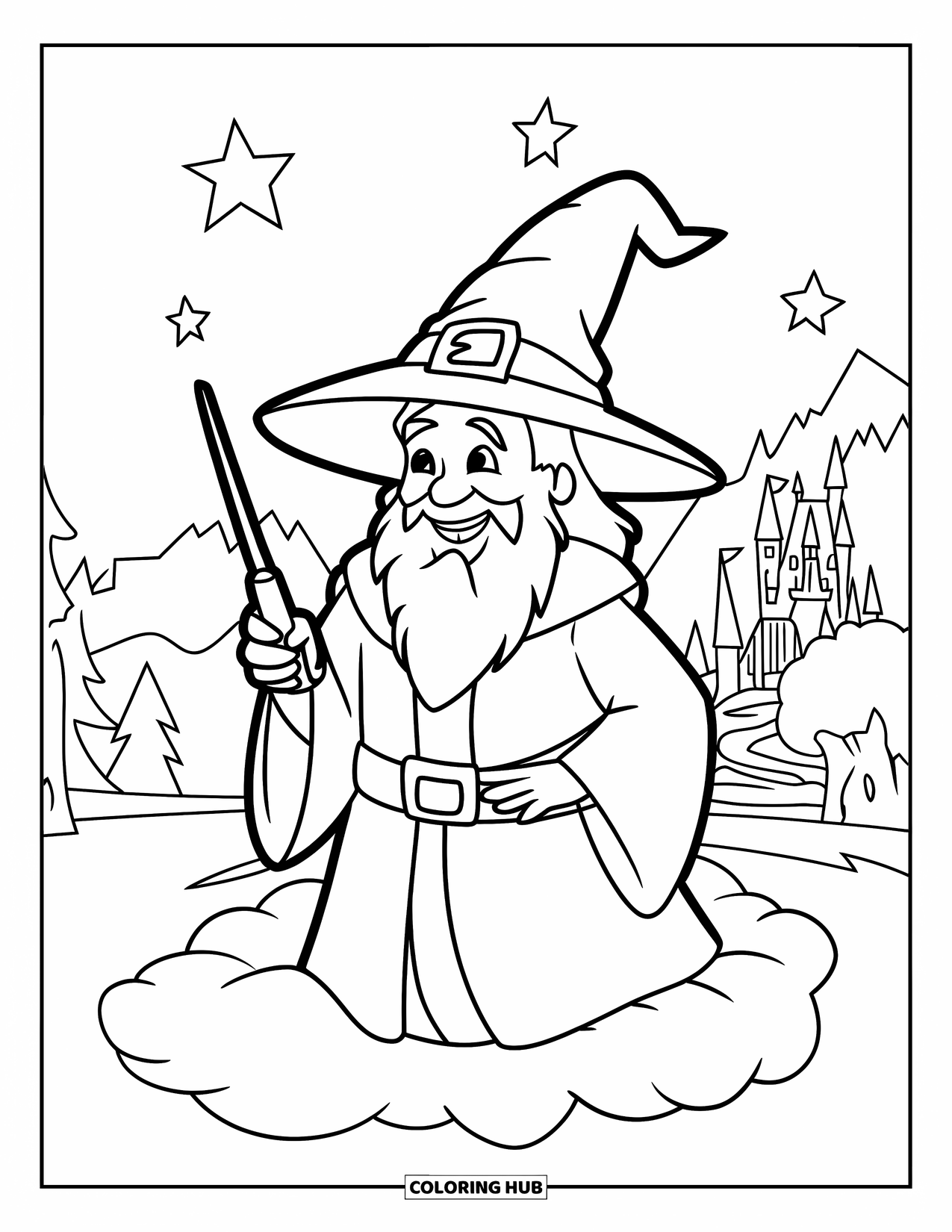 Wizard Coloring Page for Kids: A smiling wizard holds a wand while standing on a cloud under a starry sky