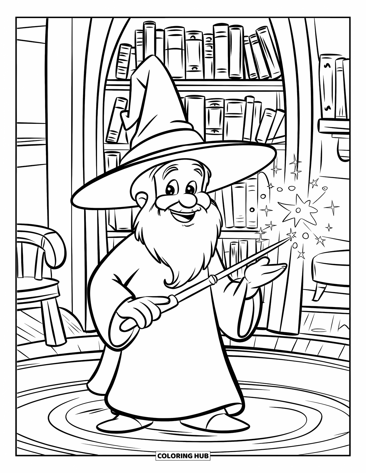Wizard Coloring Page for Kids: A smiling wizard stands by a glowing bookshelf surrounded by books and sparkling dust