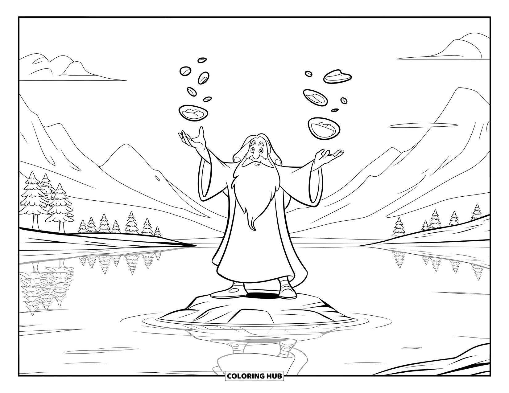 Wizard Coloring Page for Kids: A wizard floats potions above a calm lake with mountains and dark clouds behind him