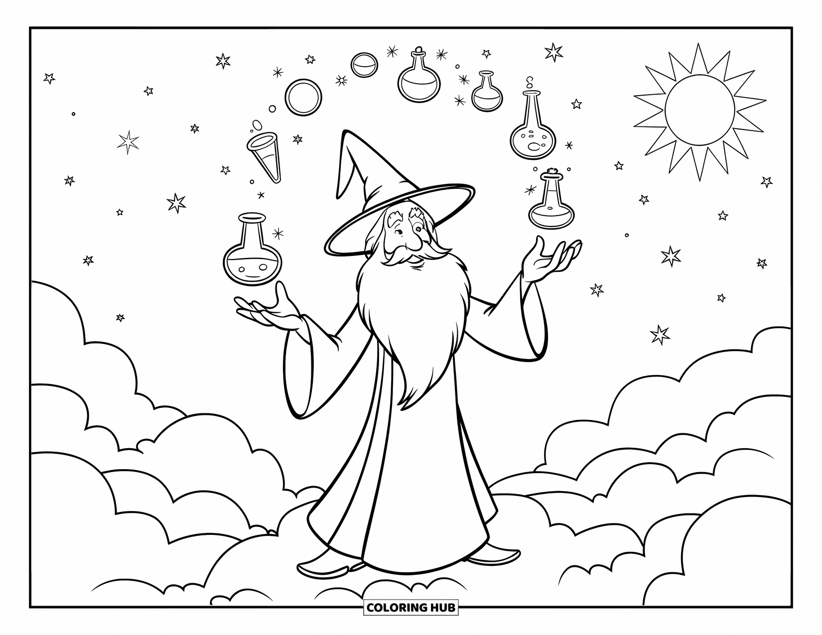 Wizard Coloring Page for Kids: A wizard floats potions in the sky while standing on a cloud under the sun