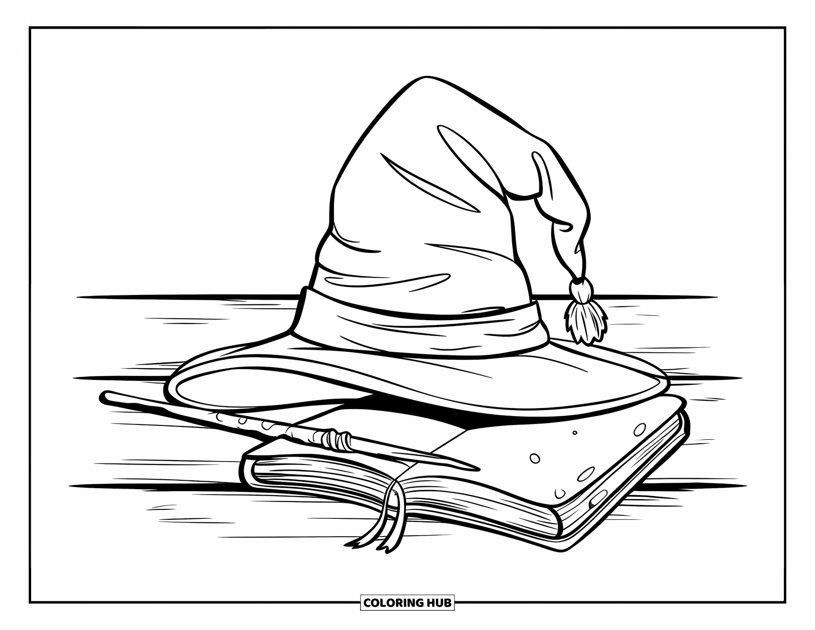 Wizard Coloring Page for Kids: A wizard hat, wand, book, and candle rest together on a wooden table