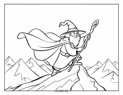 Fargeleggingsark med trollmann for barn: En trollmann holder en stav mens vinden løfter kappen hans på en snødekt fjelltopp