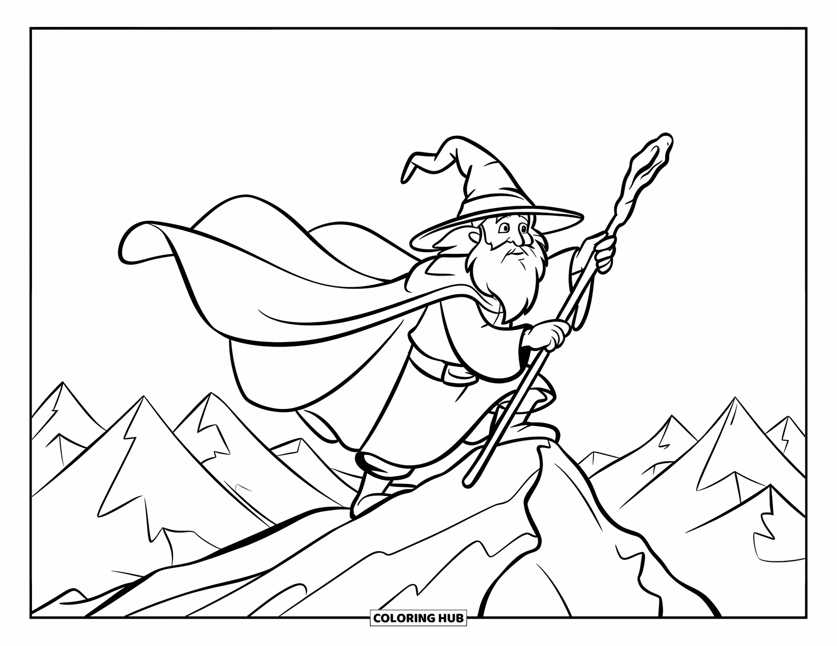 Wizard Coloring Page for Kids: A wizard holds a staff as wind lifts his cloak on a snowy mountain peak