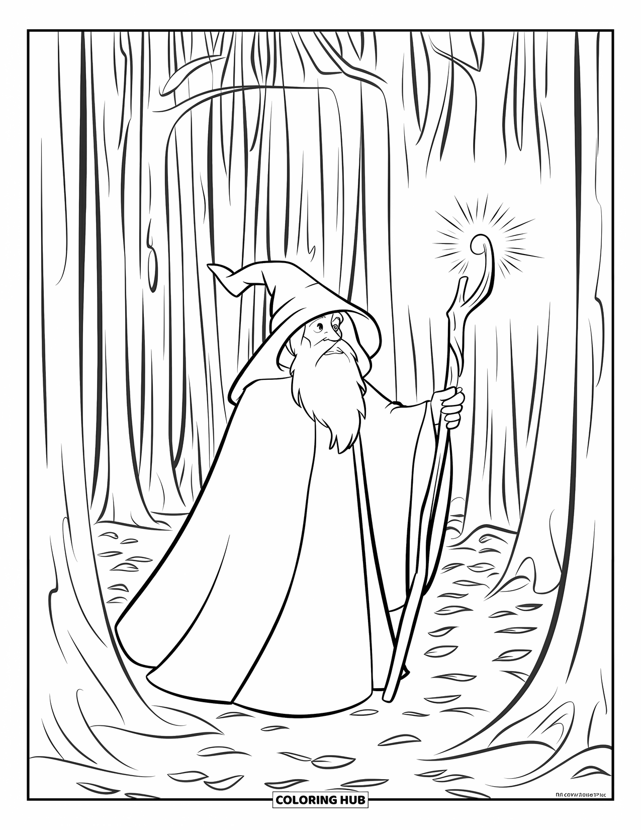 Wizard Coloring Page for Kids: A wizard lights up a dark forest surrounded by twisted trees and fallen leaves