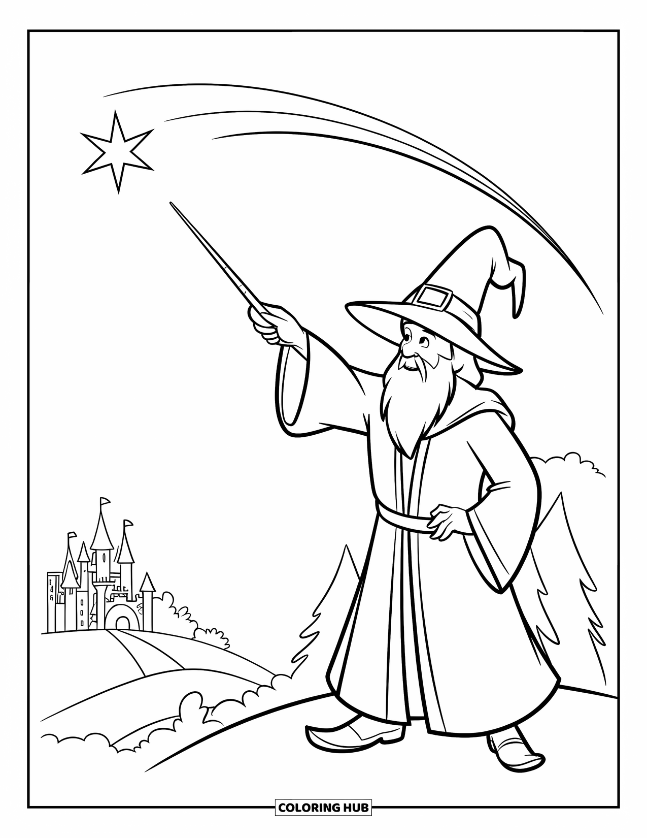 Wizard Coloring Page for Kids: A wizard points his wand at a shooting star on a hill near a castle