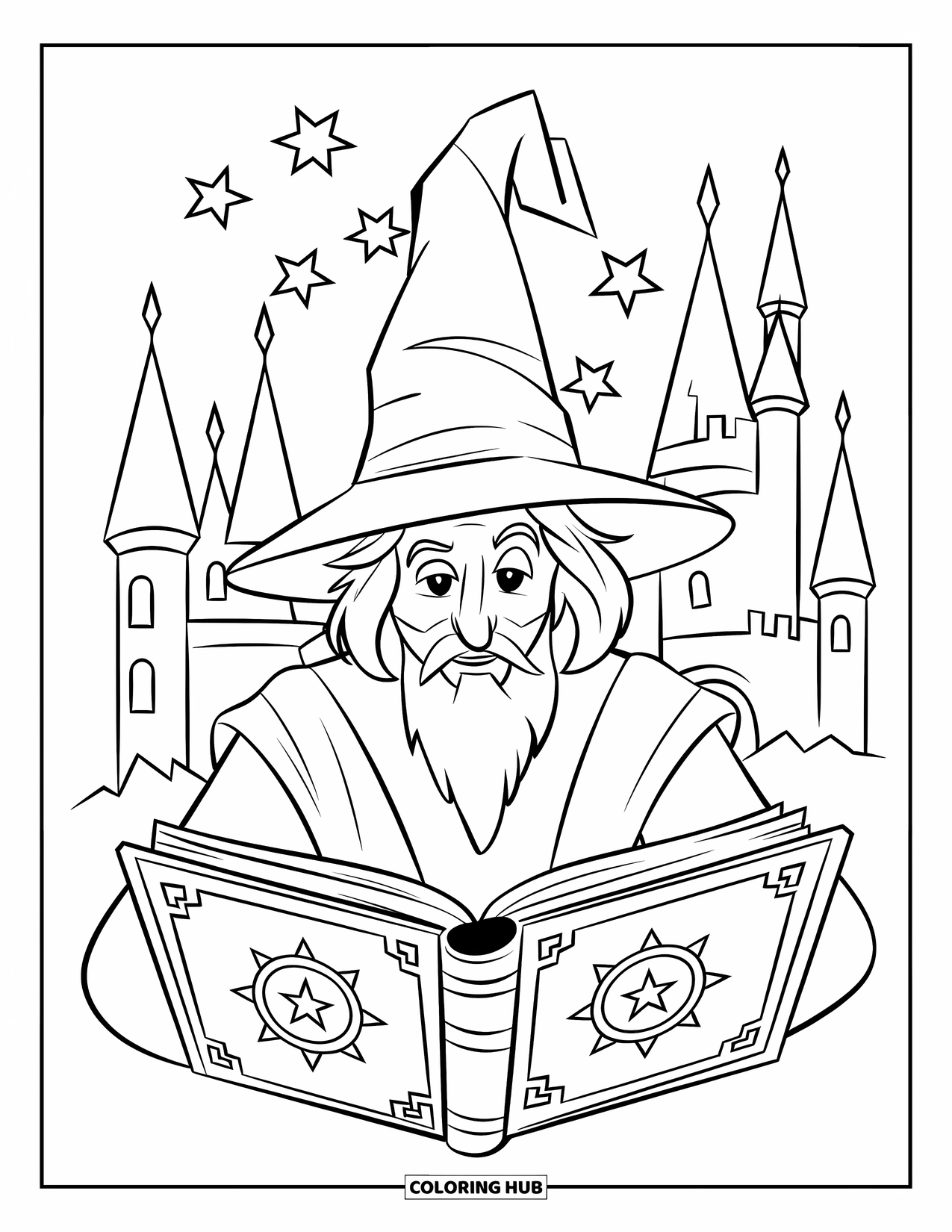 Wizard Coloring Page for Kids: A wizard reads from a book as stars sparkle above him near a castle