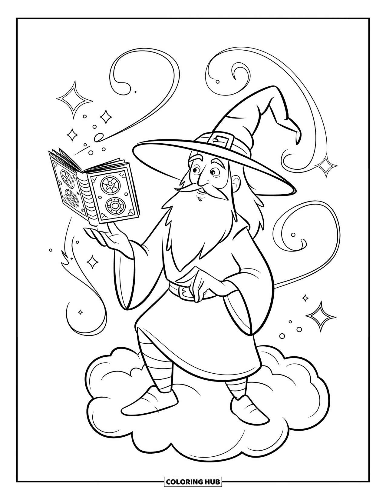 Wizard Coloring Page for Kids: A wizard stands on a cloud holding a glowing spellbook with arcane patterns