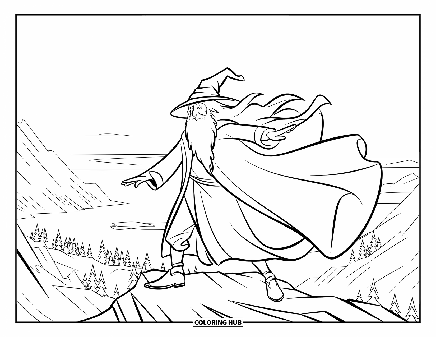Wizard Coloring Page for Kids: A wizard stands on a mountain peak as wind swirls his cloak dramatically