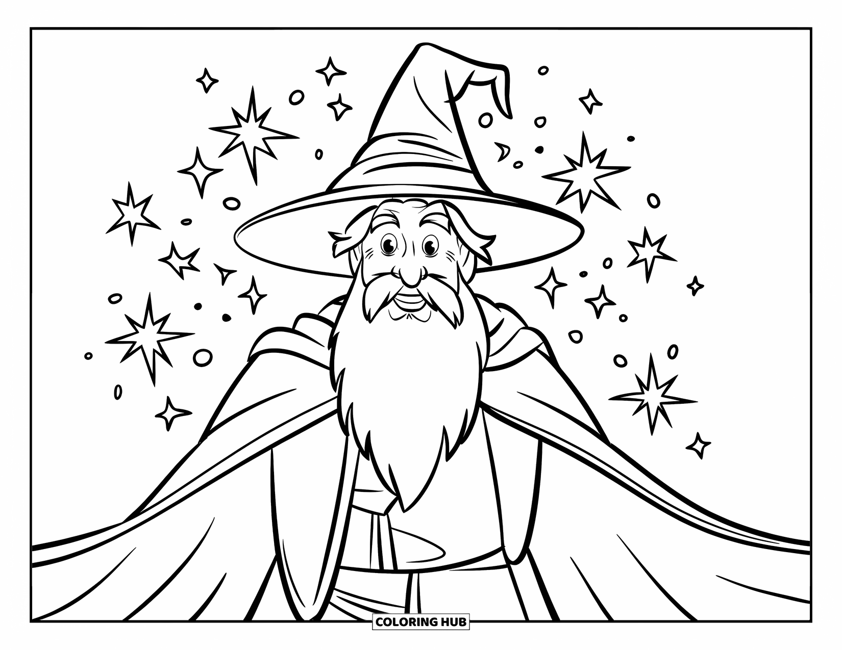 Wizard Coloring Page for Kids: A wizard stands smiling with sparkles floating around him