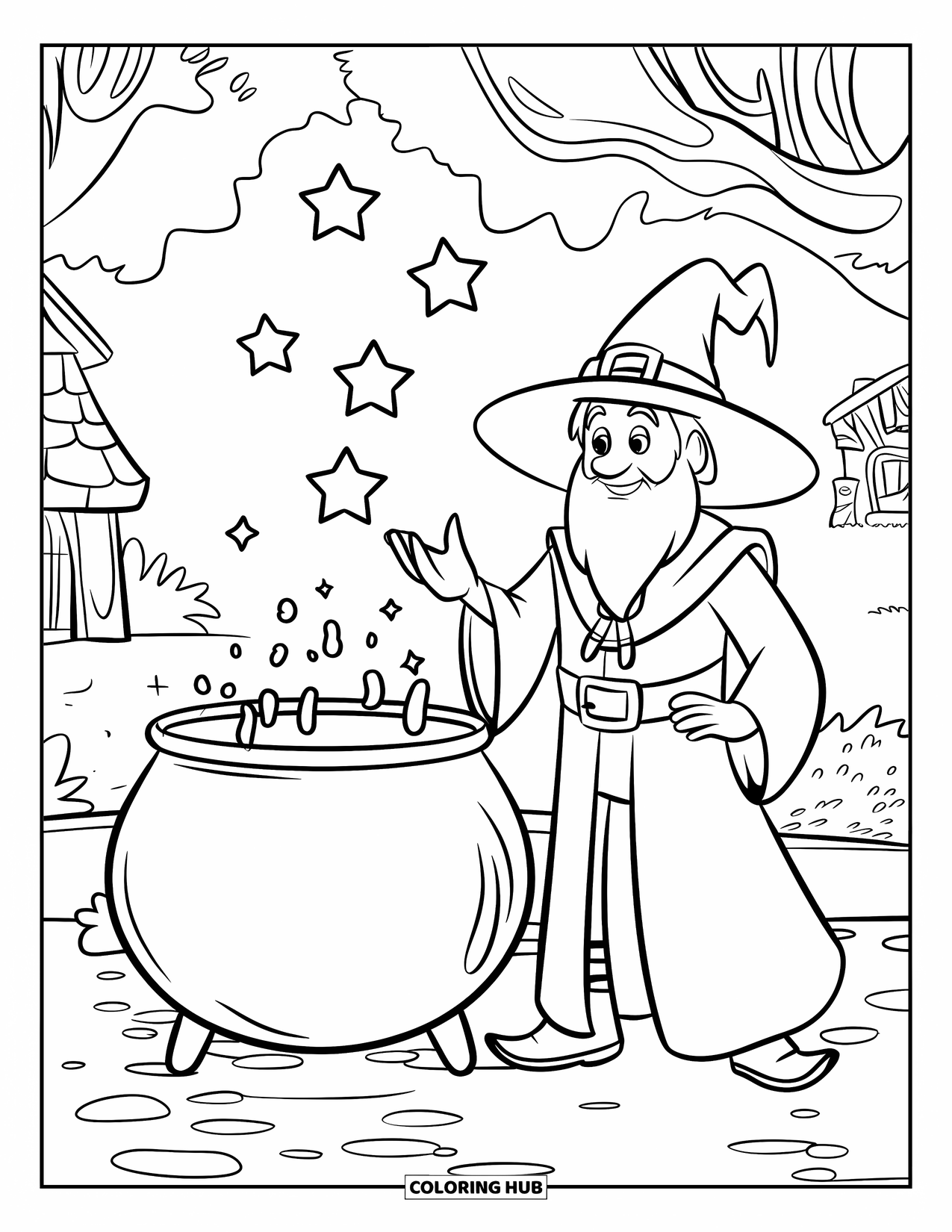 Wizard Coloring Page for Kids: A wizard stirs a cauldron near a cottage with a few trees in the background