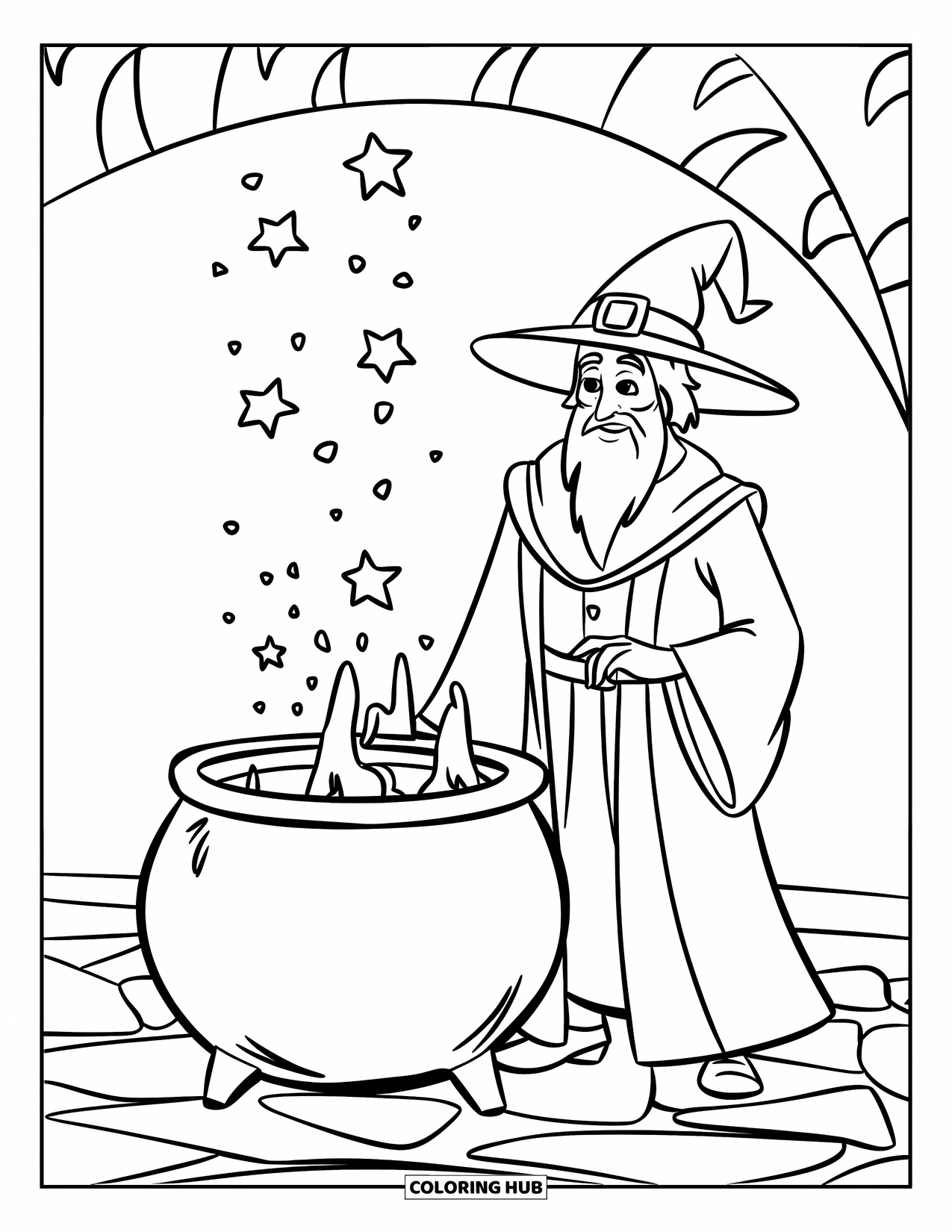 Wizard Coloring Page for Kids: A wizard watches stars rise from his cauldron on a simple white background