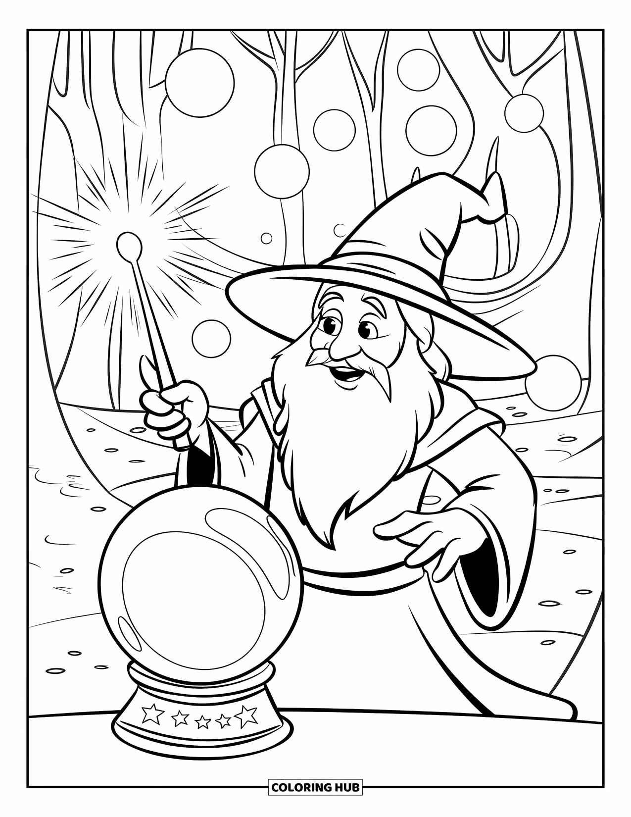Wizard Coloring Page for Kids: A wizard waves beside a crystal ball in a forest with floating orbs and a rainbow