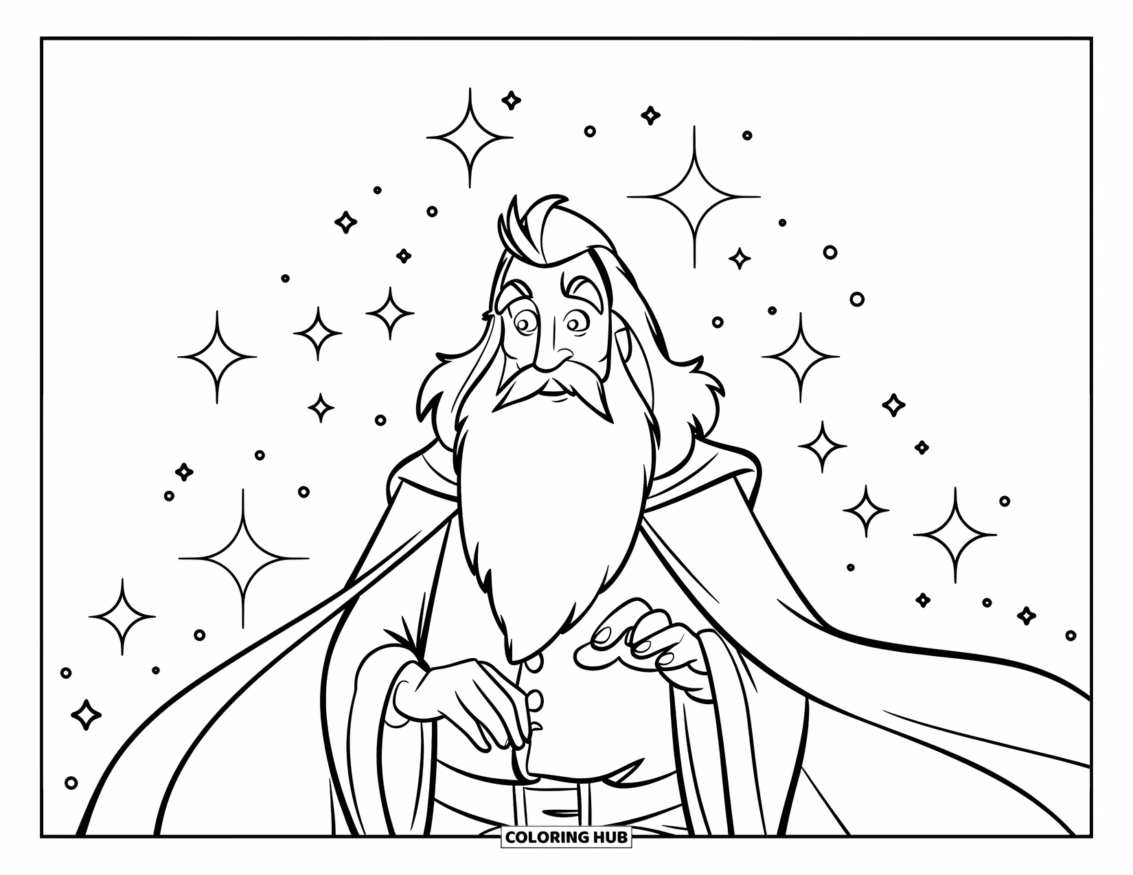 Wizard Coloring Page for Kids: A wizard with magic sparkles stands against a white background