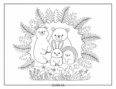 Woodland Animal Coloring Page for Adults: A bear, rabbit, and hedgehog rest under a tree surrounded by a forest mandala