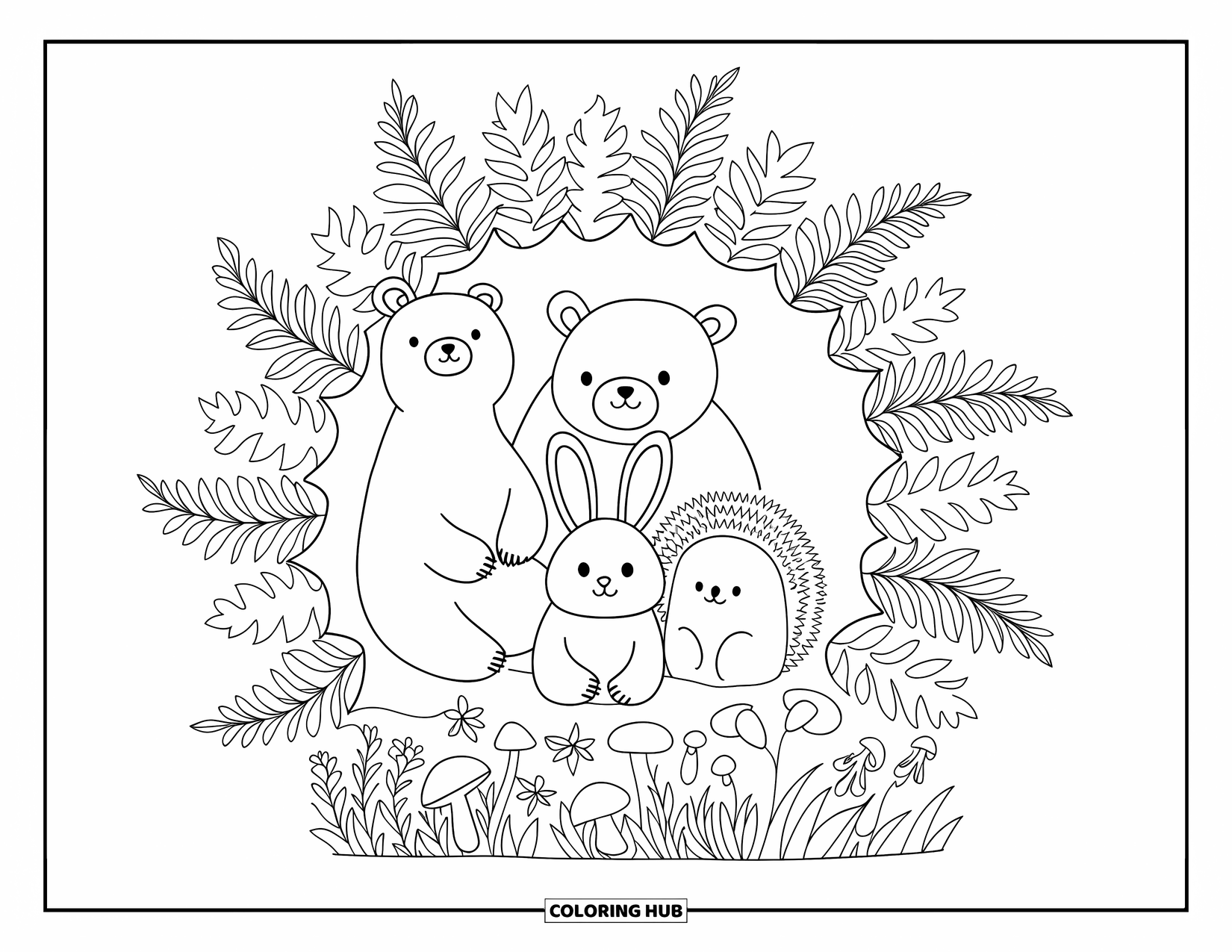 Woodland Animal Coloring Page for Adults: A bear, rabbit, and hedgehog rest under a tree surrounded by a forest mandala