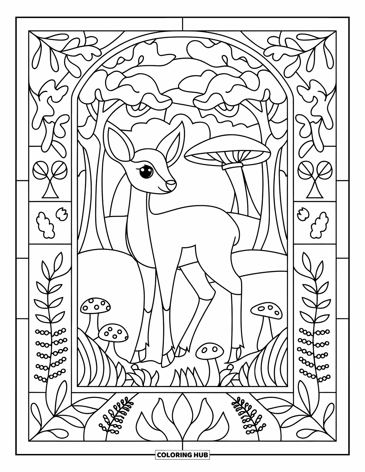 Woodland Animal Coloring Page for Adults: A calm deer stands still inside a stained glass-style pattern of forest plants