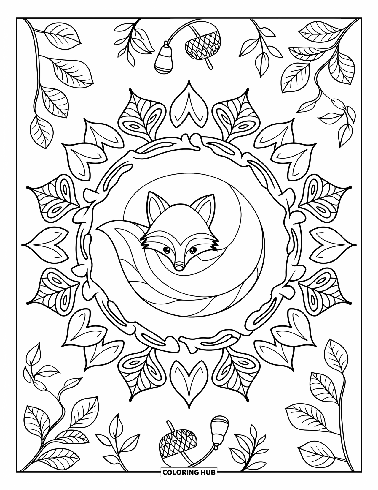 Woodland Animal Coloring Page for Adults: A cute fox rests inside a detailed mandala with forest leaves and animals