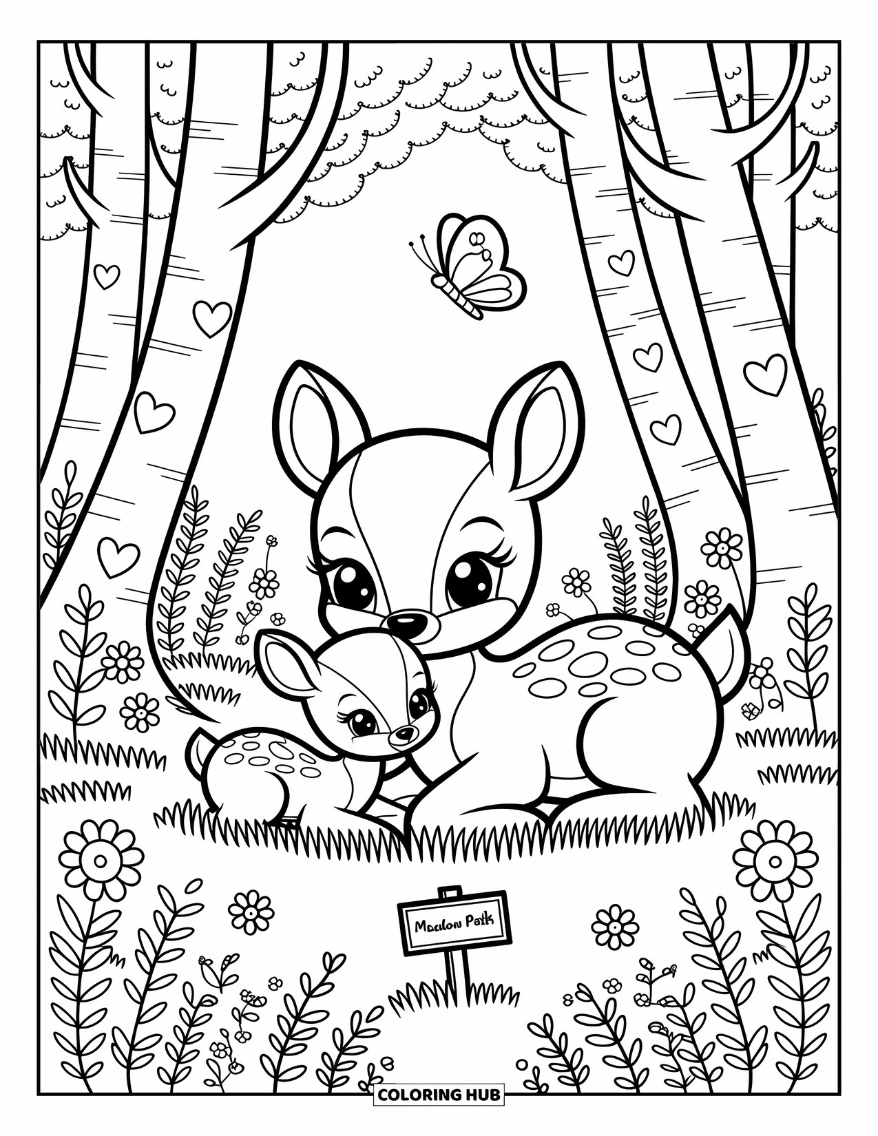Woodland Animal Coloring Page for Adults: A deer and her fawn snuggle in a wildflower meadow under a butterfly and tall trees