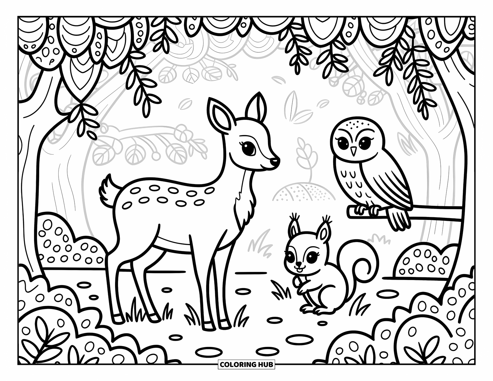 Woodland Animal Coloring Page for Adults: A deer, owl, and squirrel enjoy a warm forest moment surrounded by moss and ferns
