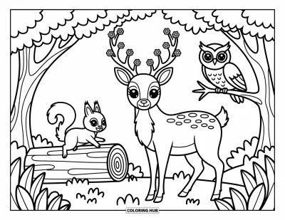 Woodland Animal Coloring Page for Adults: A deer with flowered antlers, an owl, and a squirrel play together in the trees