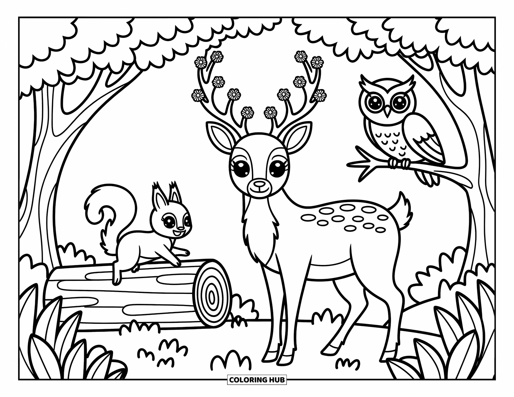 Woodland Animal Coloring Page for Adults: A deer with flowered antlers, an owl, and a squirrel play together in the trees