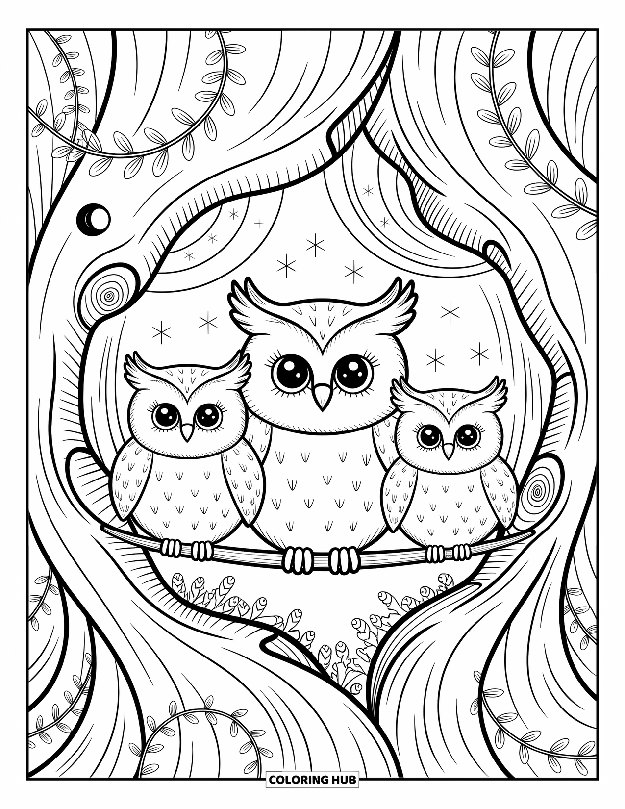 Woodland Animal Coloring Page for Adults: A parent owl and owlets nest in a tree hollow under curling vines and moonlight