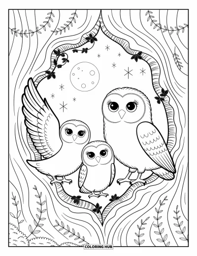 Woodland Animal Coloring Page for Adults: A parent owl and two fluffy owlets sit inside a tree hollow under the moonlight