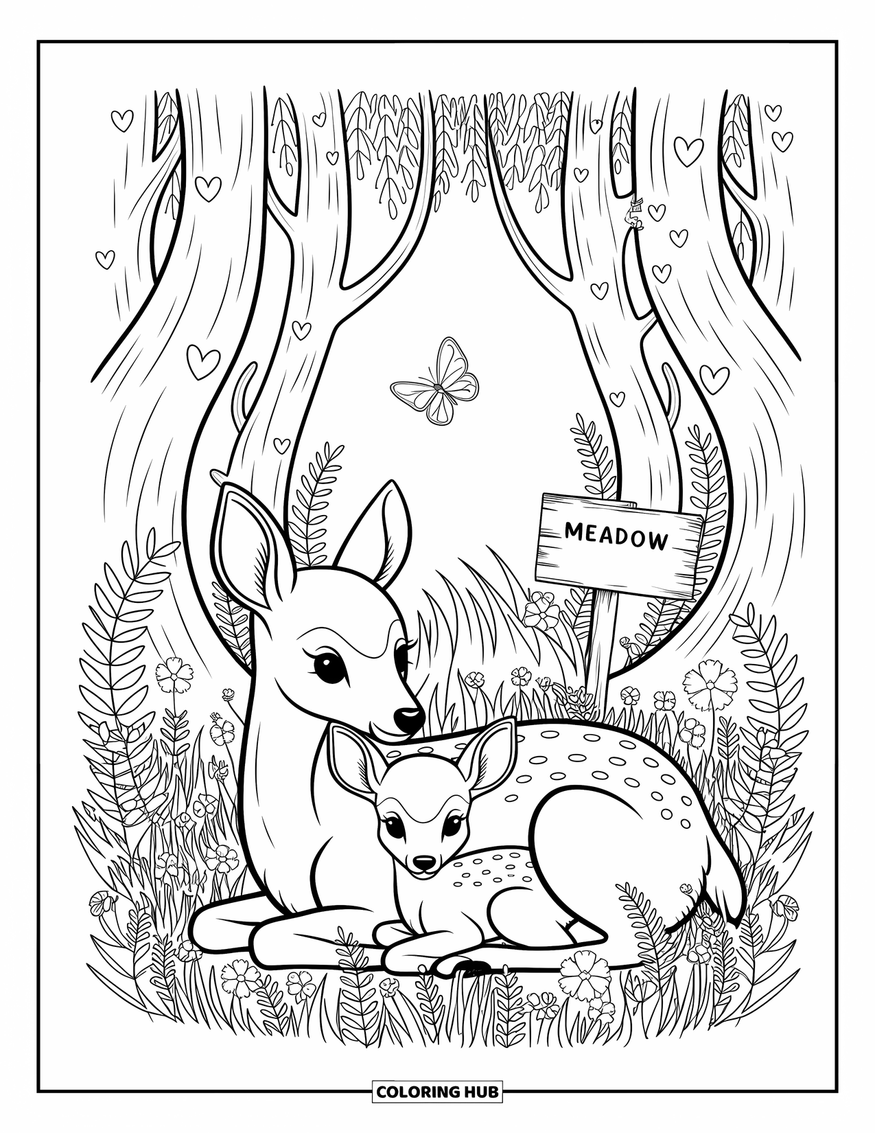 Woodland Animal Coloring Page for Adults: A peaceful deer and fawn nap in a sunlit clearing while tiny critters peek from the bushes
