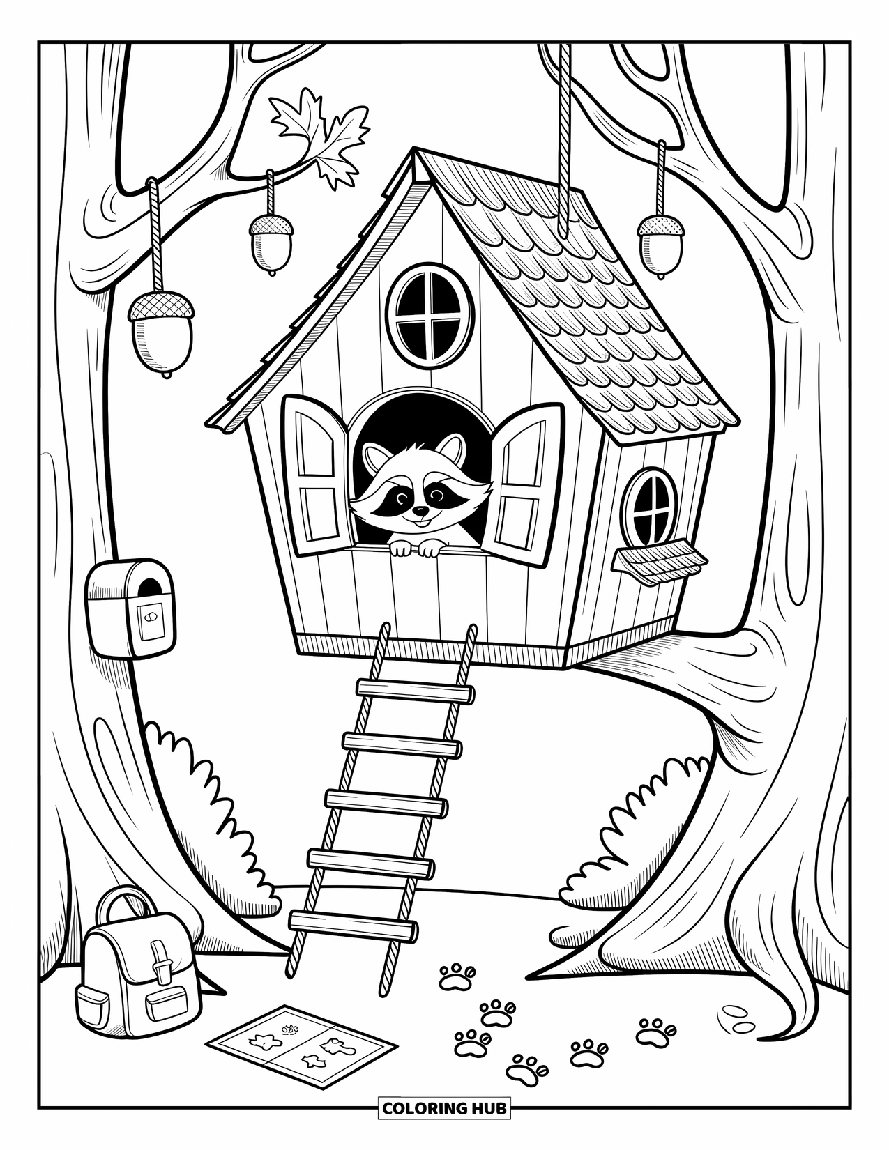 Woodland Animal Coloring Page for Adults: A playful raccoon peeks from a treehouse window surrounded by glowing lanterns and falling leaves