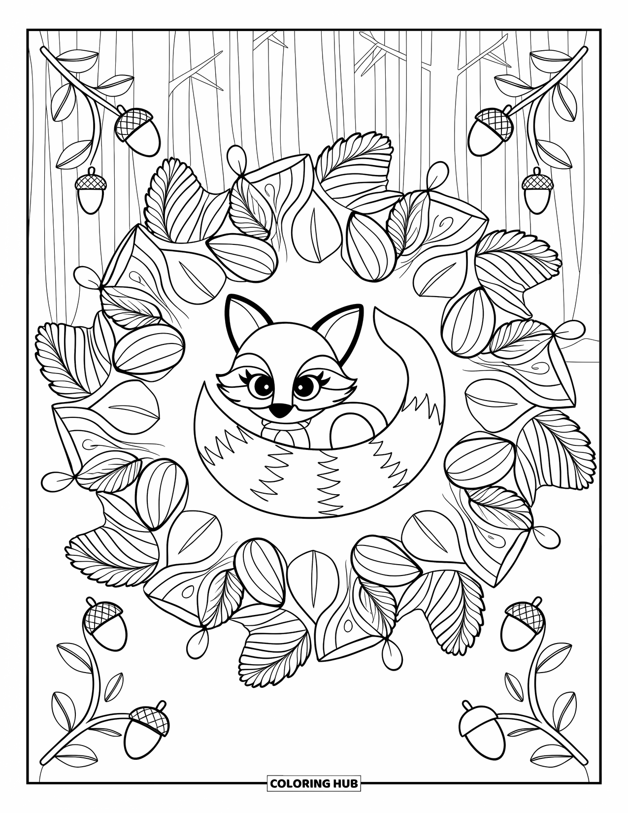 Woodland Animal Coloring Page for Adults: A sleepy fox in a scarf lies at the center of a leafy forest mandala