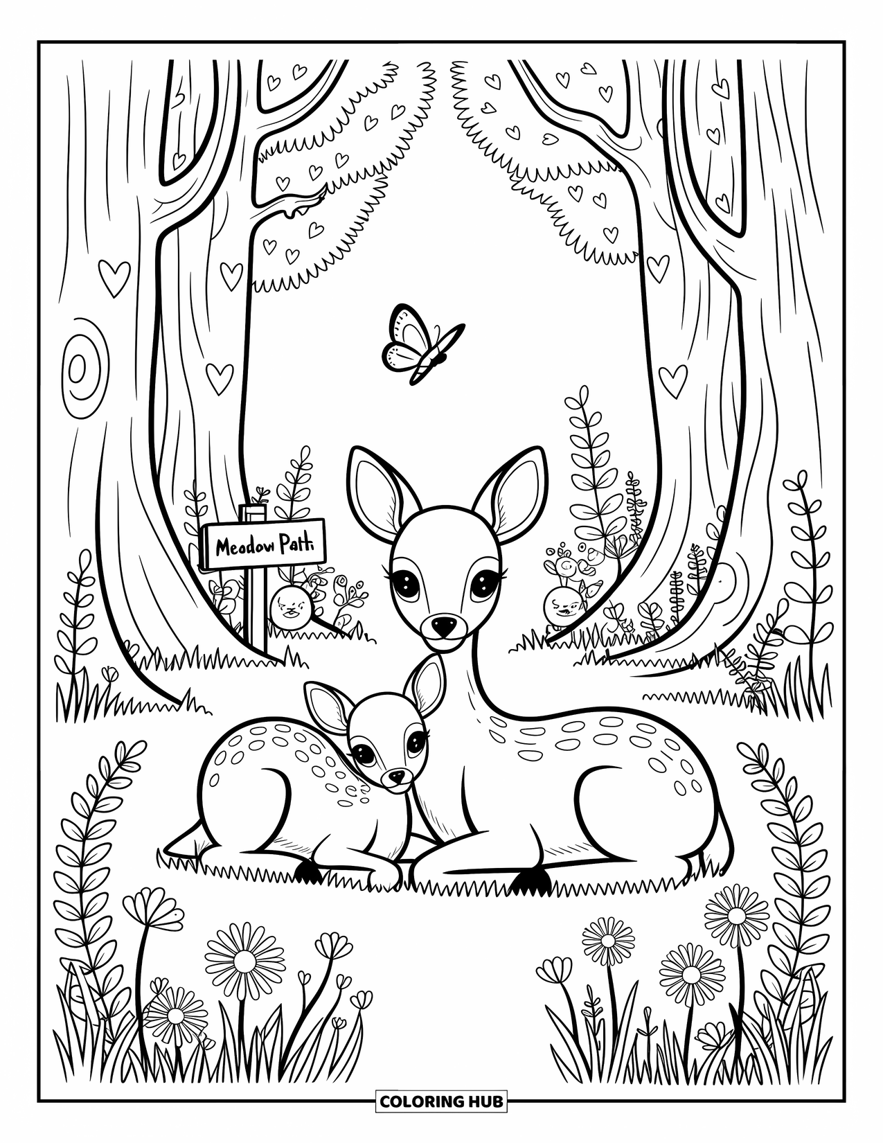 Woodland Animal Coloring Page for Adults: A sweet deer and her fawn rest in a flower-filled meadow under heart-marked trees