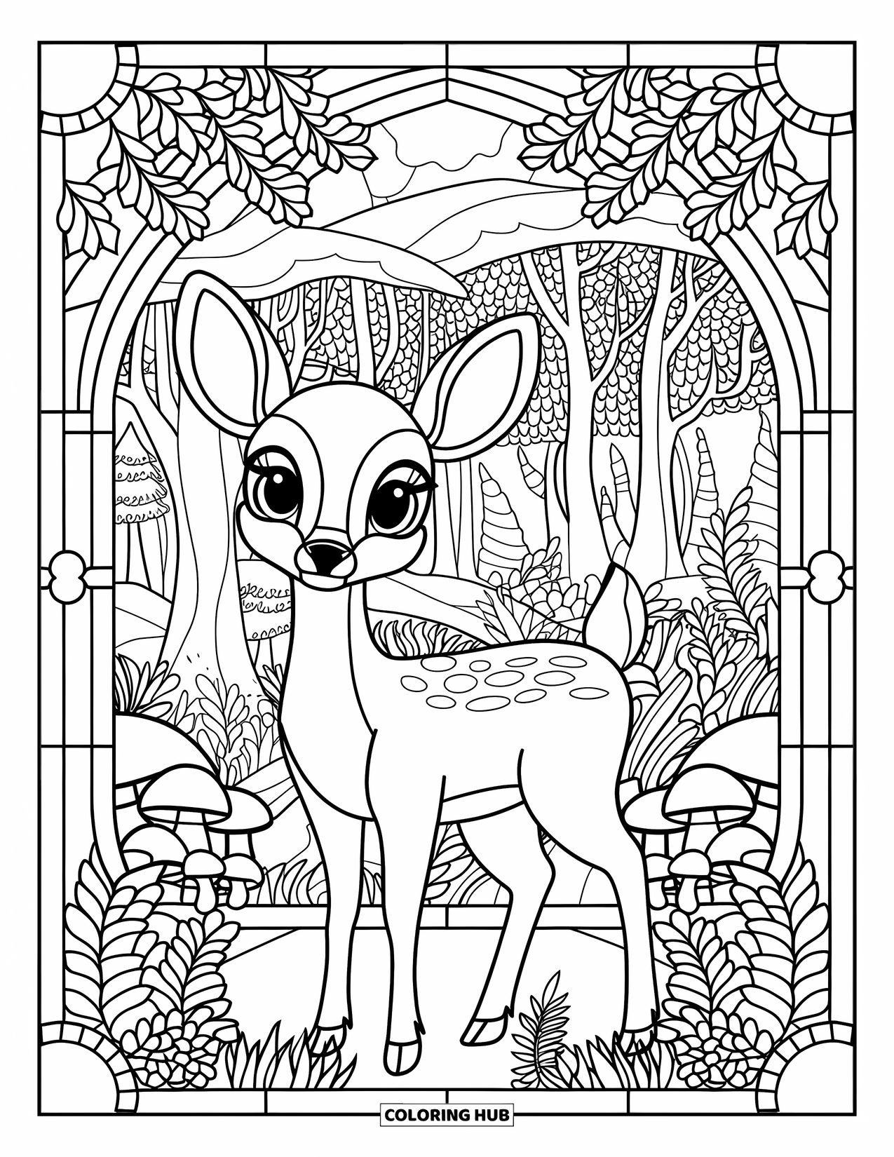 Woodland Animal Coloring Page for Adults: A wide-eyed deer stands inside a leafy pattern of oaks and ferns in the forest