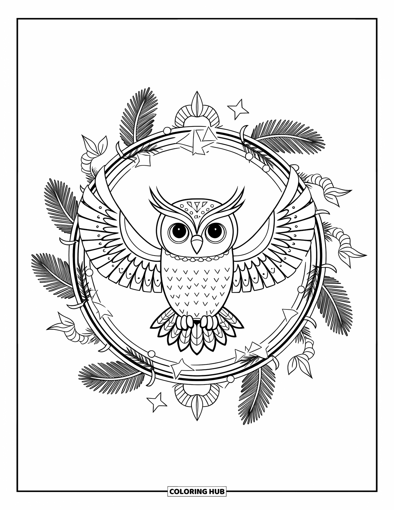 Woodland Animal Coloring Page for Adults: An owl stretches its wings within a detailed frame of feathers, stars, and pine