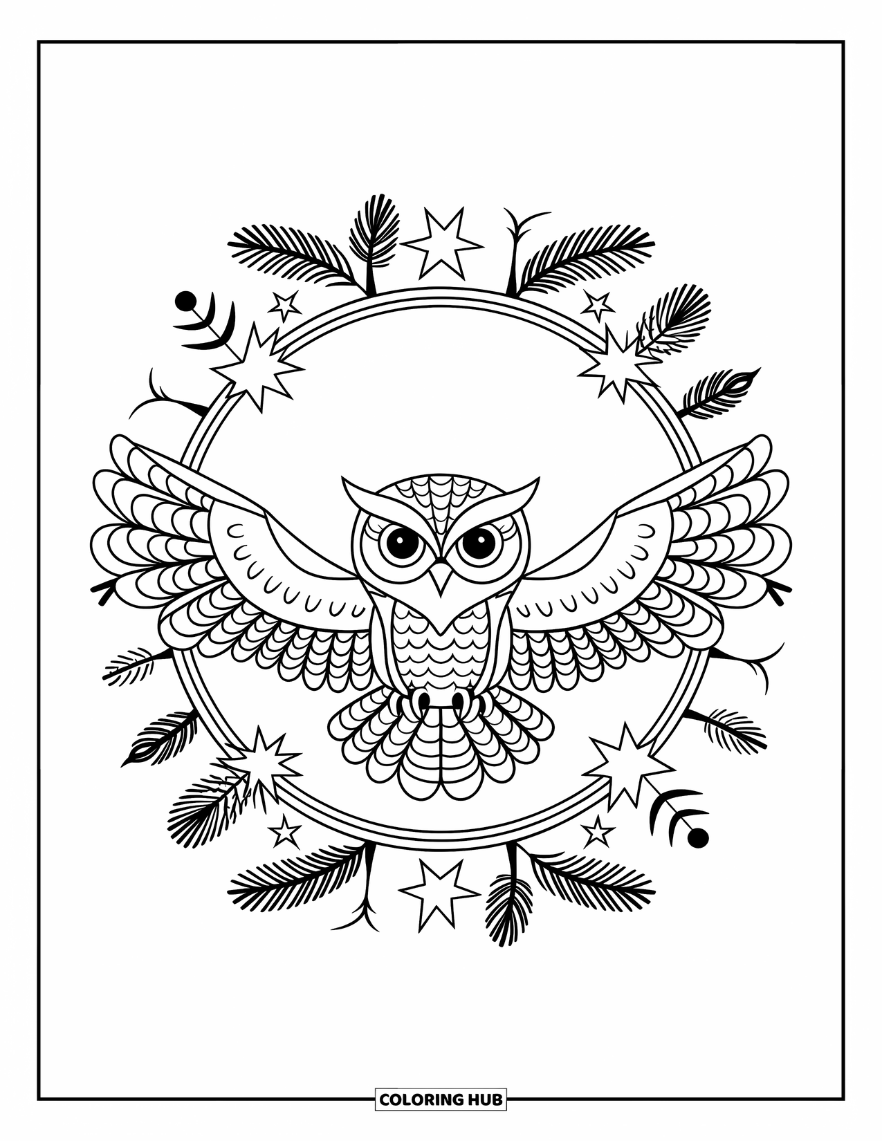 Woodland Animal Coloring Page for Adults: An owl with spread wings is framed by pine branches, stars, and feathers