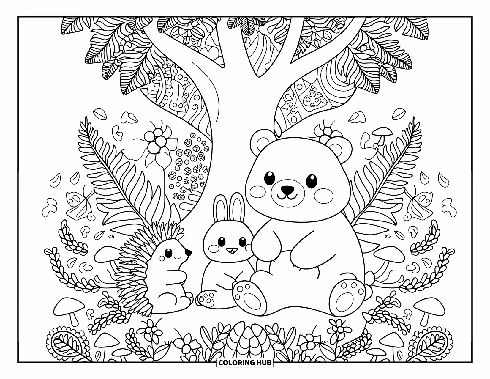 Woodland Animal Coloring Page for Adults: Cute forest animals relax under a tree surrounded by plants and mushroom patterns