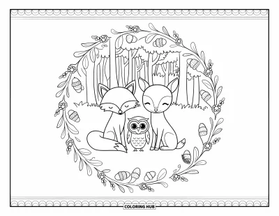 Woodland Animal Coloring Page for Adults: Fox, deer, and owl sit together in a decorated clearing with a leafy border