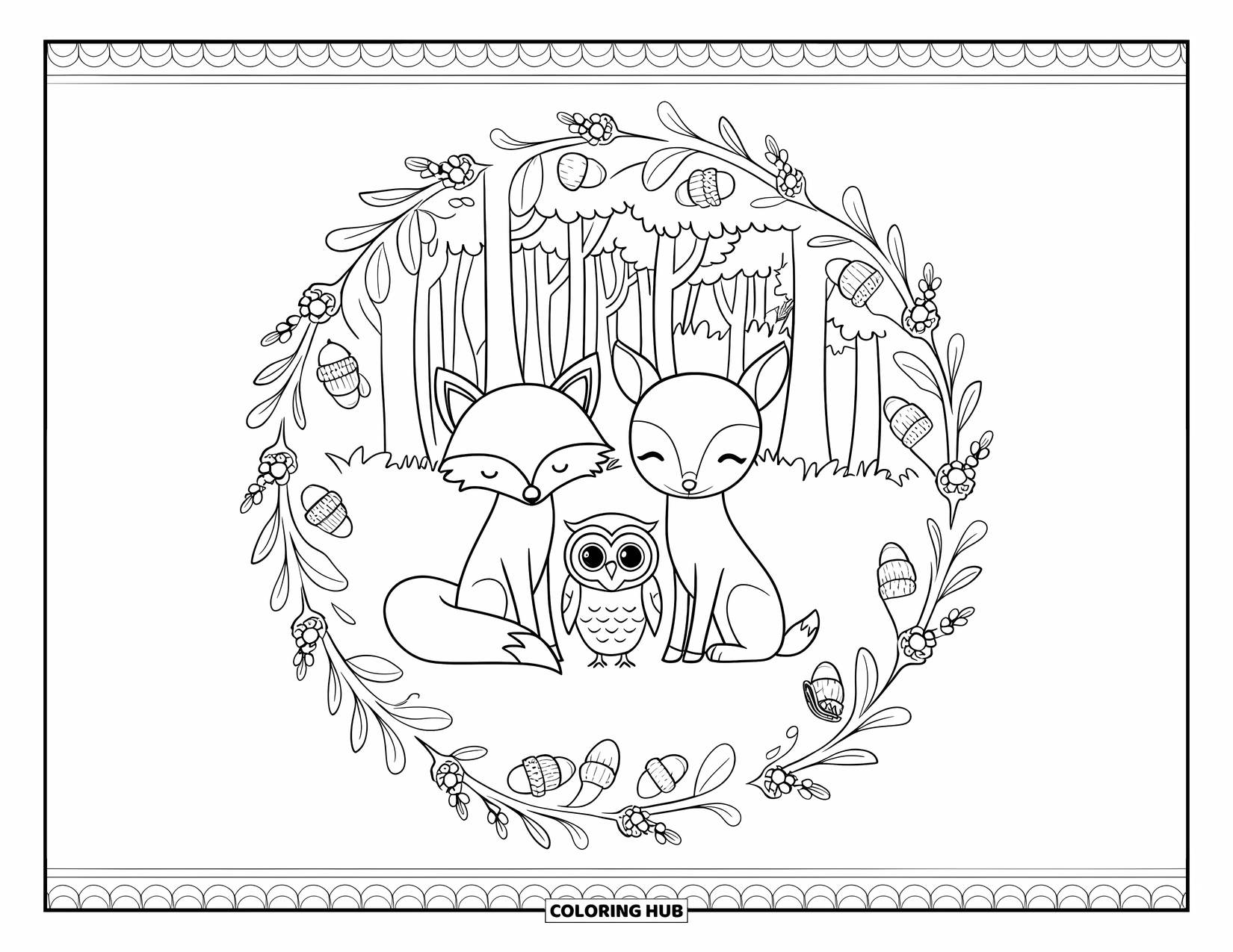 Woodland Animal Coloring Page for Adults: Fox, deer, and owl sit together in a decorated clearing with a leafy border