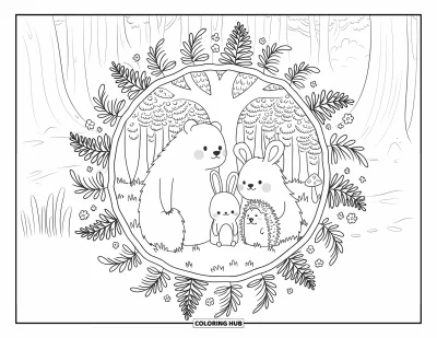 Woodland Animal Coloring Page for Adults: Three woodland friends sit quietly beneath a tree framed by ferns and mushrooms